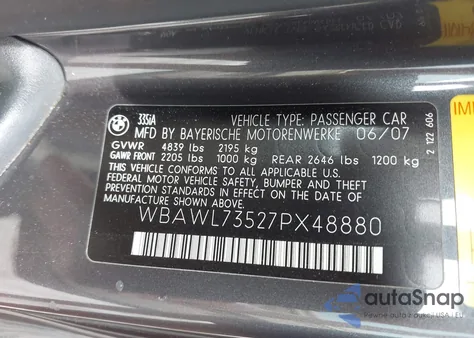 2007 BMW 335I z USA, uszkodzony, nr VIN WBAWL73527PX48880